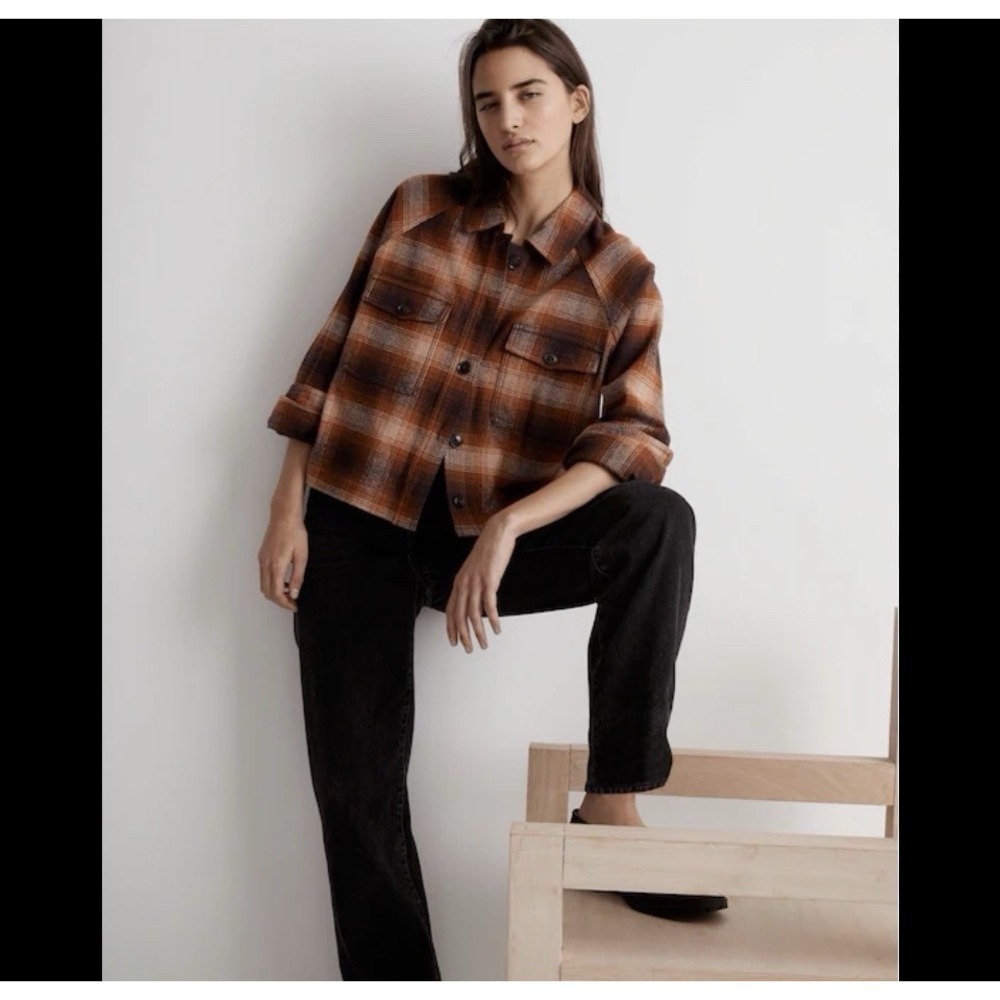 Madewell Cropped Flannel Shirt Jacket Brown Plaid Shacket Belrose Heavy Size‎ M